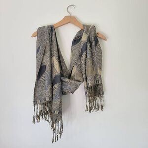 Pashmina Silk Scarf Fringe Paisley Blue Yellow Gray OS